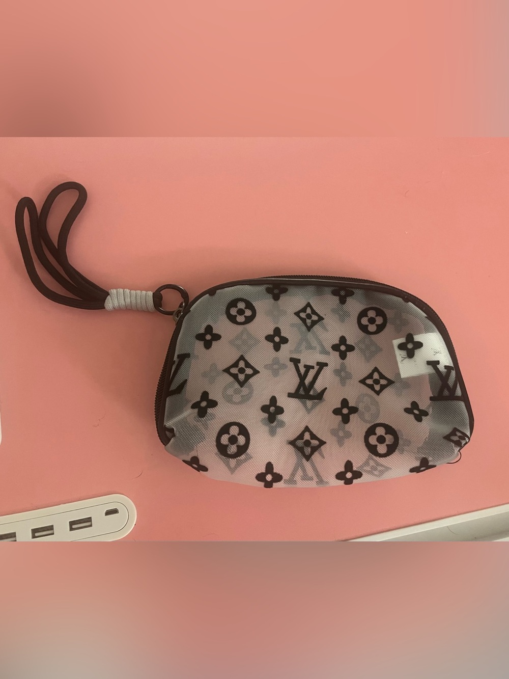 White & Black Monogram Mesh Wristlet Pouch Luxury - Picture 2 of 3